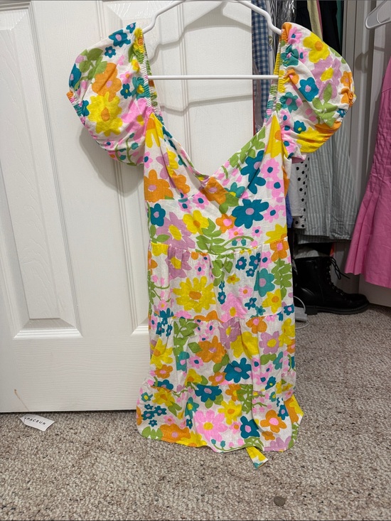 Show Me Your MuMu Dresses & Skirts - Floral Puff Sleeve V-Neck Mini Dress - Yellow Pink Green Blue